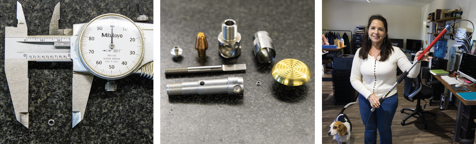 Left - Parts range from tiny to 7.5”. Center - Dropping finished parts has been a huge time saver and has improved quality. Right - Benny wants no part of the most recognizable product Smith Bros makes. The Ketch-All used by ASPCA and Hollywood.